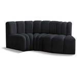 Meridian Furniture - Arc Velvet Upholstered 3-Pc. S-Shaped Modular Sectional, Black - Give your living room or den the perfect blend of style and versatility with this Arc velvet fabric curved modular Sectional. Part of the Arc modular furniture collection, this Sectional comes upholstered in rich black velvet fabric and features deep channel tufting that adds a touch of luxury while enhancing comfort and support. A seamless combination of form and function, this chair can be used with other Arc pieces to create a myriad of configurations in your well-curated room.