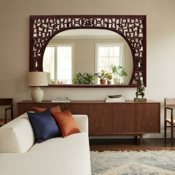 Chinese Reddish Brown Stain Geometric Scenery Carving Wood Frame Wall Mirror cs3