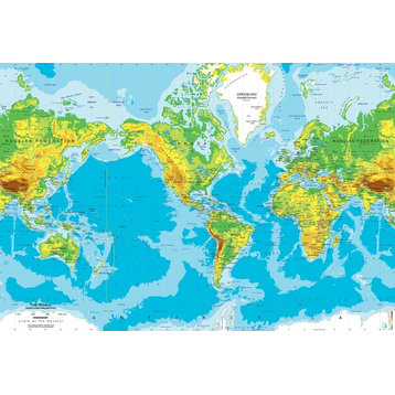 Physical World Map Wall Mural Projection, Peel and Stick, 1-Panel, 53"x36"