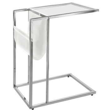 HomeRoots 19.5" x 12" x 24" Chrome Tempered Glass Leather Look Accent Table