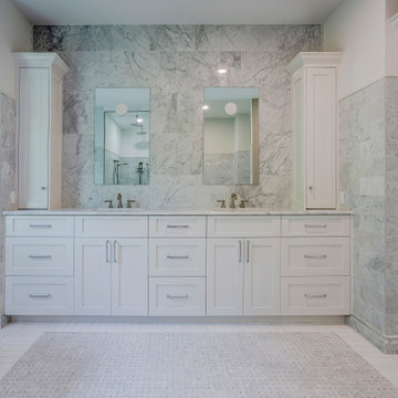 Serene Marble Double Vanity Anchors Spacious, Minimalist Coastal Retreat