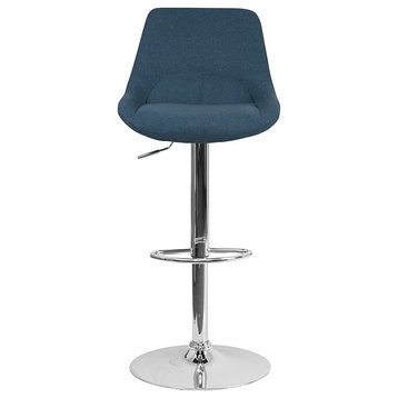 Contemporary Adjustable Swivel Bar Stool With Support Pillow, Blue Fabric