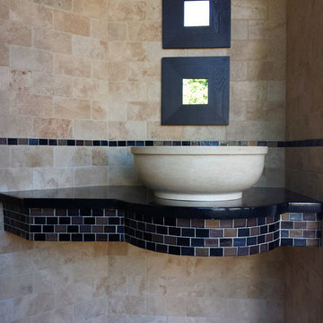 Travertine Wall and Black Galaxy Vanity