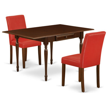 3Pc Dinette Set S, Wood Table, 2 Chairs, Firebrick Red Color Pu Leather