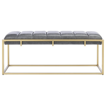 Grace Channel Tufted Bench Gray PU Leather/Gold