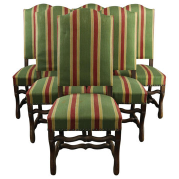 Consigned Dining Chairs French Sheepbone Set 6 Red Green Stripe Upholstery 1930