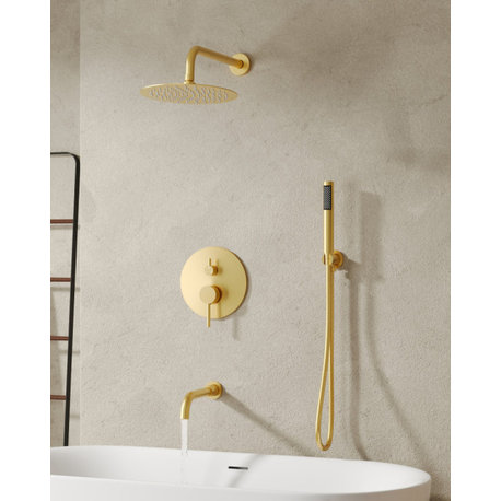 10" Wall Shower System with Tub Shower Faucet Set, Brushed Gold