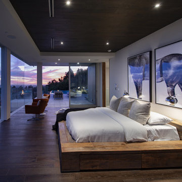 Los Tilos Hollywood Hills luxury home modern primary bedroom design with floor t