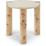 Meridian Furniture - Thor End Table, Natural - Unleash the captivating fusion of contemporary design and organic textures with the Thor End Table. This statement piece boasts rich burl veneer legs that intertwine with an MDF base, both adorned with matching burl veneer for a touch of natural opulence. The table's crown jewel is its white resin top, offering a sleek and modern contrast while providing a durable and easy-to-clean surface. More than just visually striking, the Thor Coffee Table is meticulously crafted for lasting functionality.