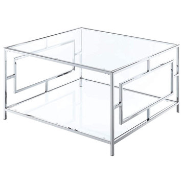 Contemporary Coffee Table, Chrome Frame With Geometric Accents & Clear Glass Top