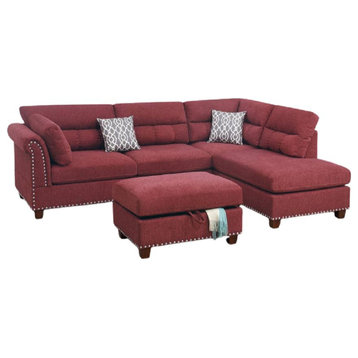 Winnette 3 Piece Reversible Chaise Sectional With Ottoman, Red Velvet