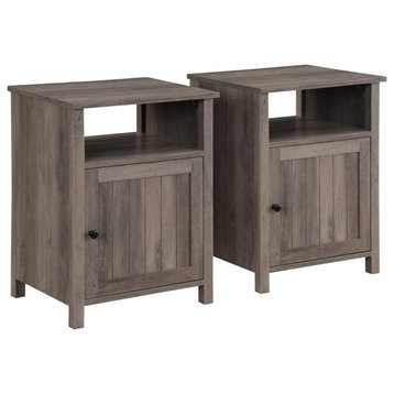Set of 2 Side Table, Grooved Cabinet Door & Upper Open Compartment, Gray Wash