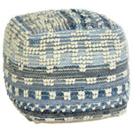 Karina Living - Inyo Handwoven Wool and Denim Upholstered Pouf, Natural Brown - The Inyo Upholstered Pouf is an aesthetically appealing furniture piece handcrafted from wool and denim for a unique textural design. This eye-catching pouf is detailed with hand-knitted braids and felt balls, evoking a sense of cozy comfortability. Its upholstery showcases a blend of denim blue and natural white hues, invoking a calming and warm tone. It features a hidden zipper, allowing easy access to the polystyrene beads within for maintenance or modification.