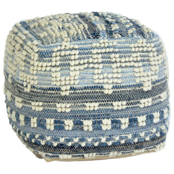 Inyo Handwoven Wool and Denim Upholstered Pouf, Natural Brown