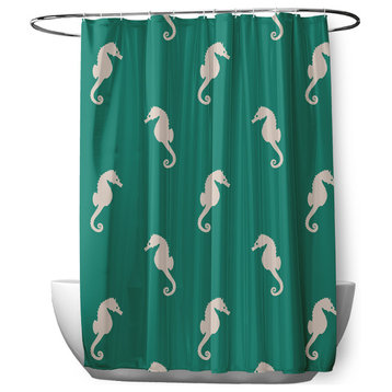 70"Wx73"L Sea Horses Shower Curtain, Kelly Green