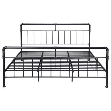 King Size Platform Bed, Metal Frame With Slatted Head & Footboard, Flat Black