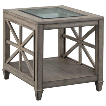 Industrial Side Table, Unique Open Sides With Tempered Glass Top, Antique Gray