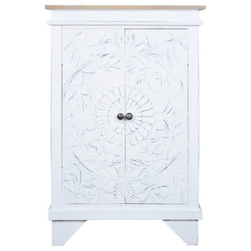 Carved Accent Cabinet Distressed White Driftwood Brown Solid Wood Hall Table