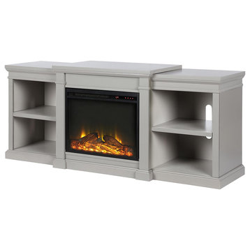 Unique TV Stand, Crown Molded Top With Raised Center Shelf and Fireplace, Grey