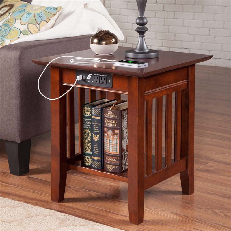 AFI Mission Solid Wood Chair Side Table With Built-in Charger - Brown Walnut