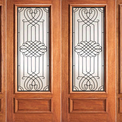 Mahogany Prehung Double Door Two Sidelites, Scrollwork Ironwork Glass - Front Doors