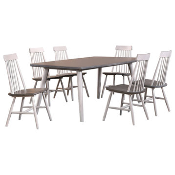 7 Piece Farmhouse Dining Set, White and Gray Wood, Table and 6-Windsor Chairs
