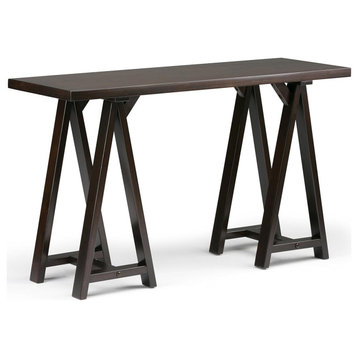 Modern Industrial Console Table, Sawhorse Legs & Pine Top, Dark Chestnut Brown
