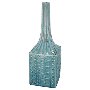 Benzara BM180997 Patterned Ceramic Garden Vase with Elongated Top, Blue