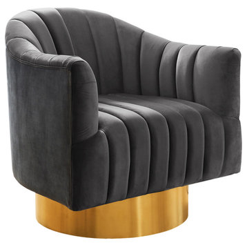 Farrah Velvet Upholstered Accent Chair, Gray, Gold Swivel Base