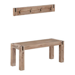 Alaterre Furniture - Woodstock Acacia Wood with Metal Coat Hook and Bench Set in Brushed Driftwood - Hall Trees