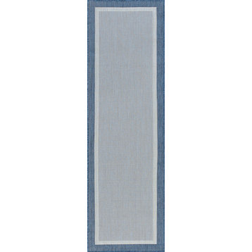 Dania Transitional Solid Border Blue/Cream Indoor/Outdoor Runner Rug, 2.7'x10'