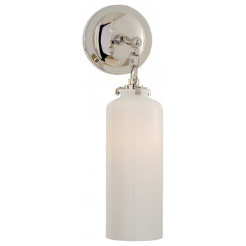 Bathroom Wall Sconce, 1-Light Cylinder, Polished Nickel, White Glass, 16.25"H