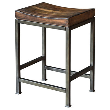 Luxe Minimalist Industrial Wood Iron 24in Counter Stool Curved Seat Steel Walnut