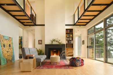 Inspiration for a modern living room remodel in Seattle with white walls