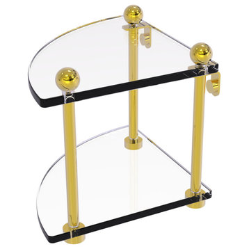 Two-Tier Corner Glass Shelf, Polished Brass