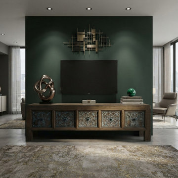 Brown Solid Wood Flower Carving 5 Drawers Blue Marks Low TV Stand Cabinet ws4388