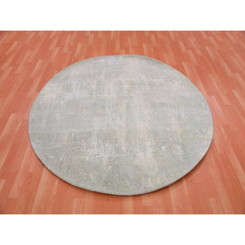 Flannel Gray Wool and Silk Hand Knotted Modern Abstract Round Rug 6'x6'