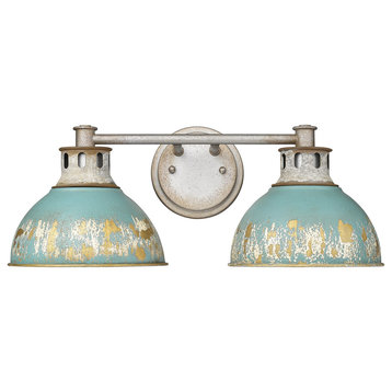 Golden Lighting Kinsley 2 Light Bath Vanity, Aged Galvanized Steel, Antique Teal Shade