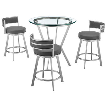 Naomi & Roman Dining Set, Brushed Stainless Steel and Gray Faux Leather, 4 Piece Set