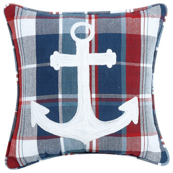 Picnic Plaid Anchor Embroidered Pillow