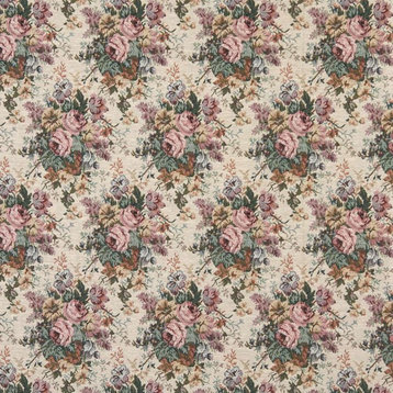 Pink, Green And Burgundy, Floral Bouquet Tapestry Upholstery Fabric By The Yard