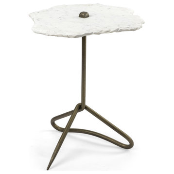 HomeRoots White Marble Top Accent Table With Triangluar Gold Iron Base