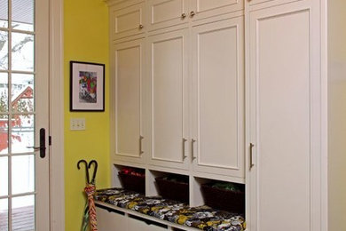 Entryway - mid-sized transitional dark wood floor entryway idea in Minneapolis with yellow walls
