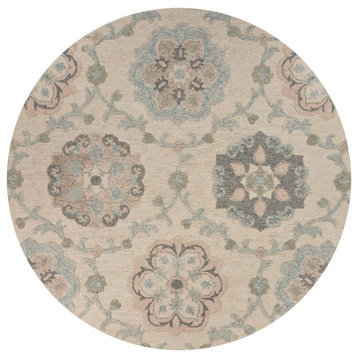 Delicate Ivory and Light Blue Traditional Floral Area Rug, 4'10" Round