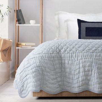 Custom Made Light Blue Scallop Linen Quilt