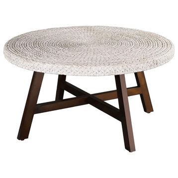 Classic Rustic Coffee Table, Crossed Wooden Base & Round Seagrass Top, Whitewash