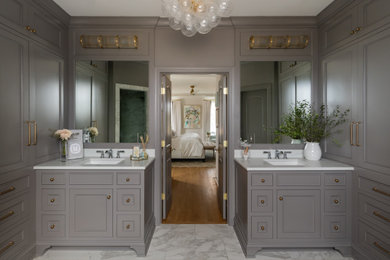 Example of a classic white floor and double-sink bathroom design in Nashville with recessed-panel cabinets, gray cabinets, gray walls, an undermount sink, white countertops and a built-in vanity