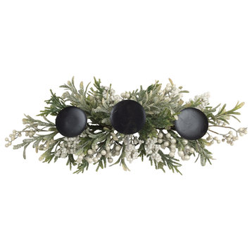 26" Triple Candle Holder with Frosted Foliage and Berries Christmas Decor