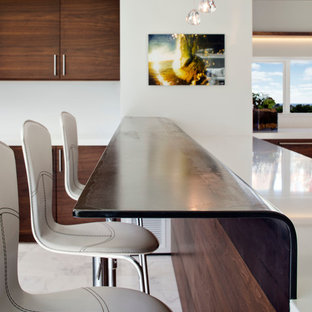 サンディエゴの大きいモダンスタイルのおしゃれな着席型バー (フラットパネル扉のキャビネット、濃色木目調キャビネット、クオーツストーンカウンター、白いキッチンパネル、大理石の床、白い床) の写真