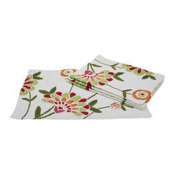 Xia Home Fashions - Crewel Embroidered Flora Linens Collection Placemat, Garden Red, 14x20, Set of 4 - Placemats
